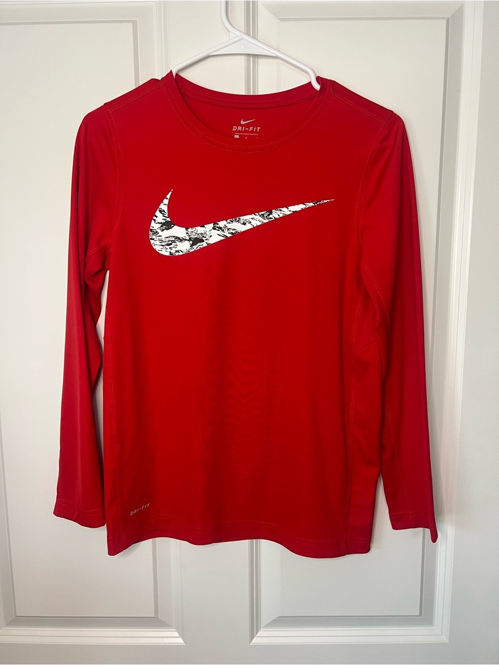 Nike Red Long Sleeve Dri-FIT Shirt with White Patterned Swoosh